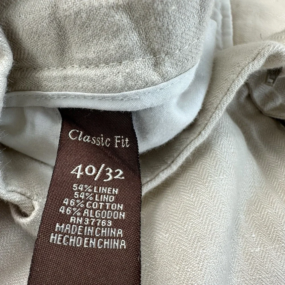 Perry Ellis Linen Blend Classic Fit Pants Men's 40x32 Beige Flat Front Casual